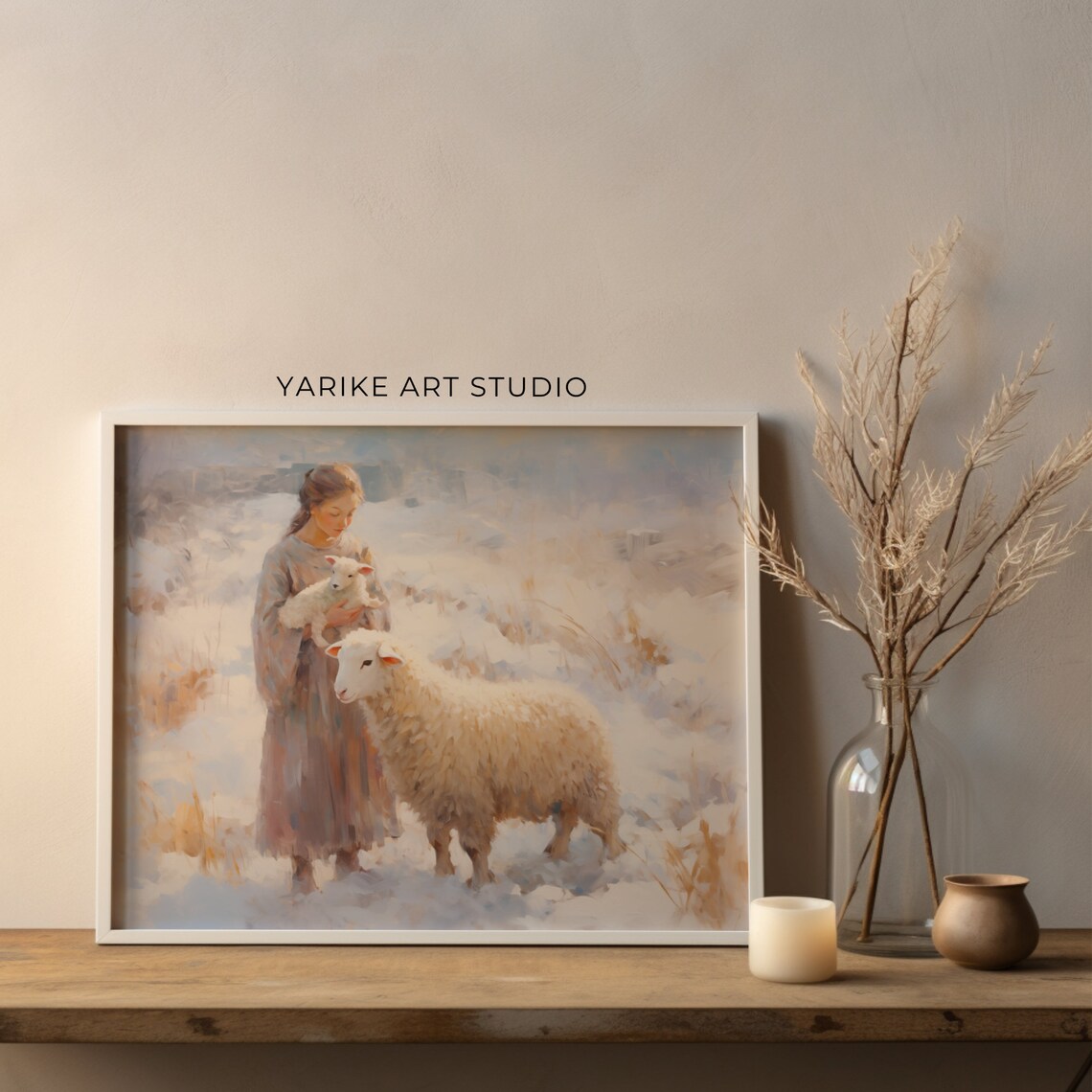 Vintage Girl Holding Lamb With Sheep In Snowy Winter Field Poster - Image 3