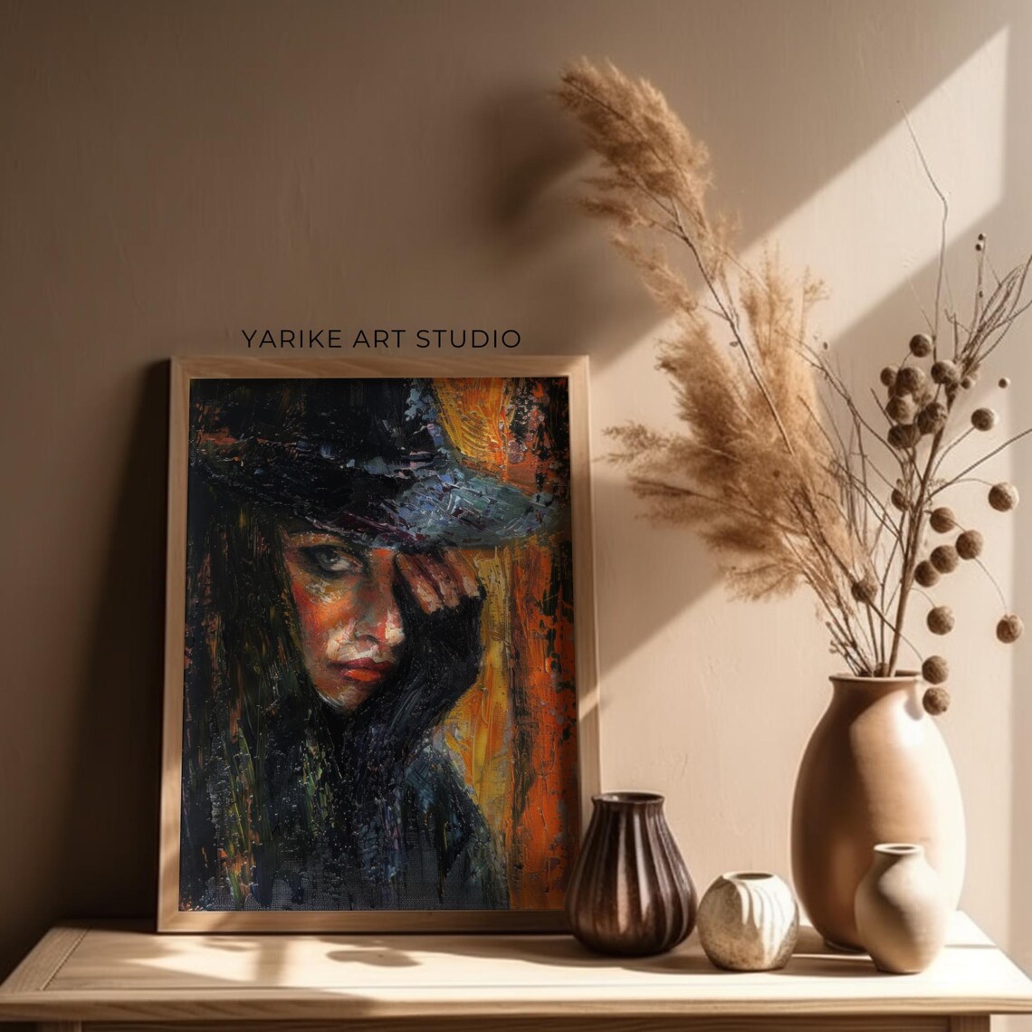 Moody Woman in Dark Hat Expressionist Portrait Painting Poster - Image 2