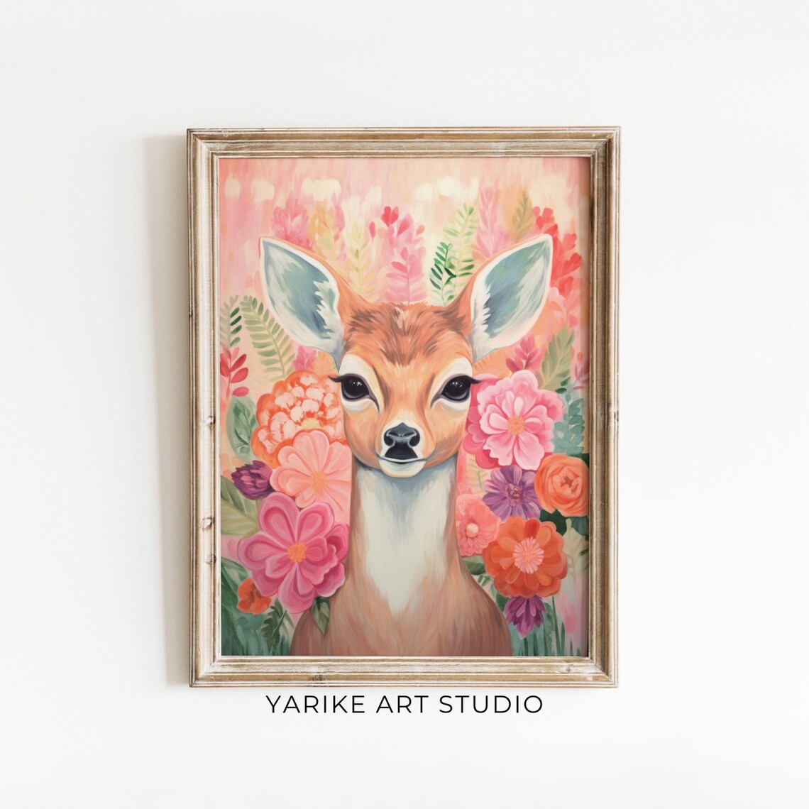 Adorable Fawn Deer Portrait Surrounded by Pink Blossoms Floral Print