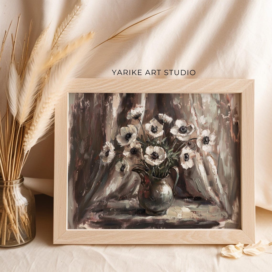 White Anemones In Silver Pitcher Moody Vintage Still Life Poster - Image 6