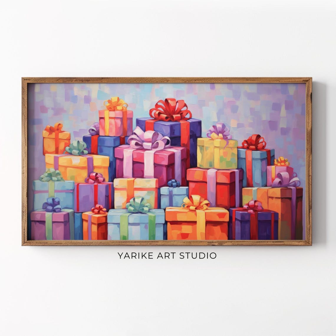 Colorful Christmas Gift Boxes Pile Oil Painting Holiday Poster