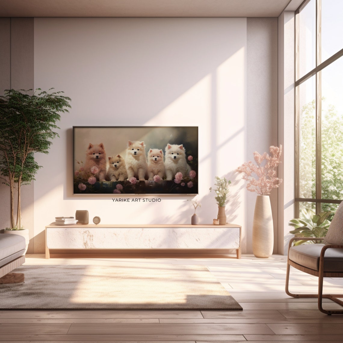 Five Fluffy Samoyed Puppies Among Pink Blossoms Oil Painting Poster - Image 2
