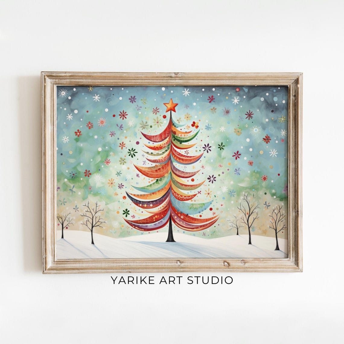 Colorful Folk Art Christmas Tree Star Topper Winter Holiday Poster
