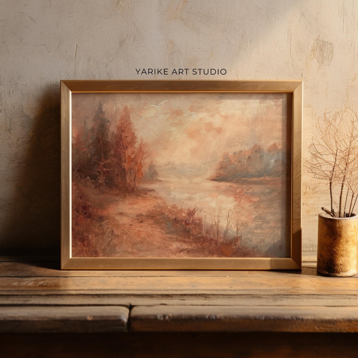 Soft Autumn Lake Landscape Muted Pink Peach Tonal Painting Poster - Image 3