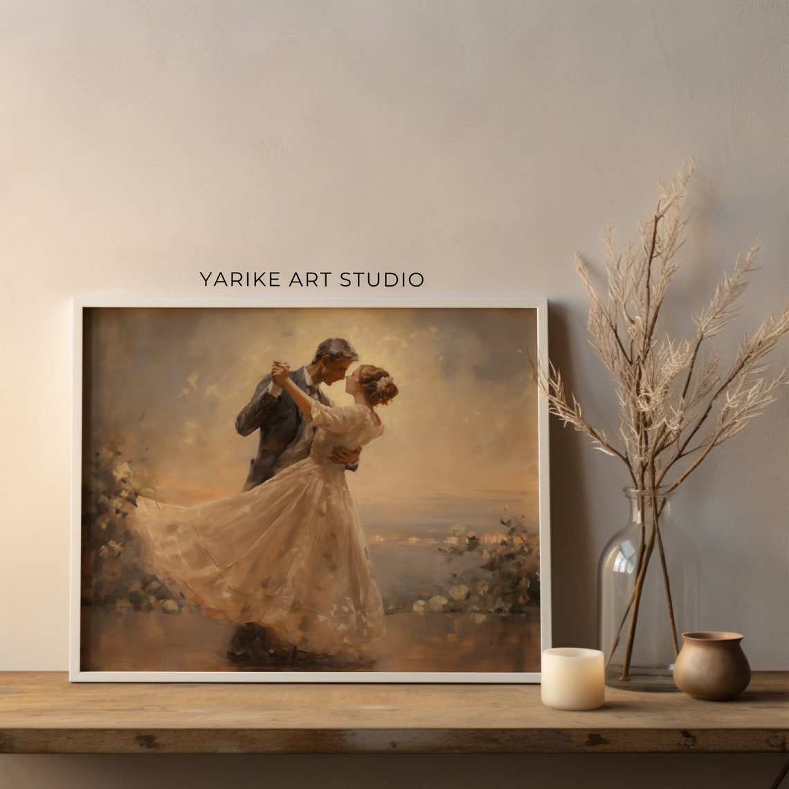 Romantic Couple Waltz Dancing at Sunset Vintage Painting Poster
