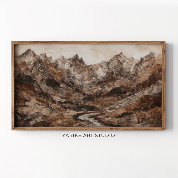 Modern Abstract Frame Tv Art Neutral Mountain Landscape Painting Moody Dark Rustic Minimalist Decor Beige Tv Art Mountain Painting 7 Tv