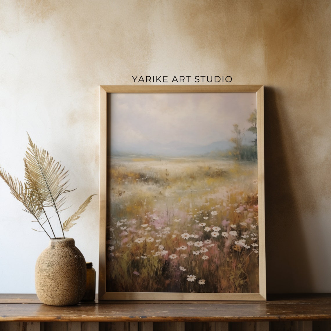 Wildflower Meadow With White Daisies Misty Mountain View Poster - Image 4