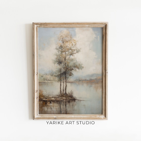 Tall Elegant Trees Reflected on Still Lake in Soft Pastel Tones Art Print