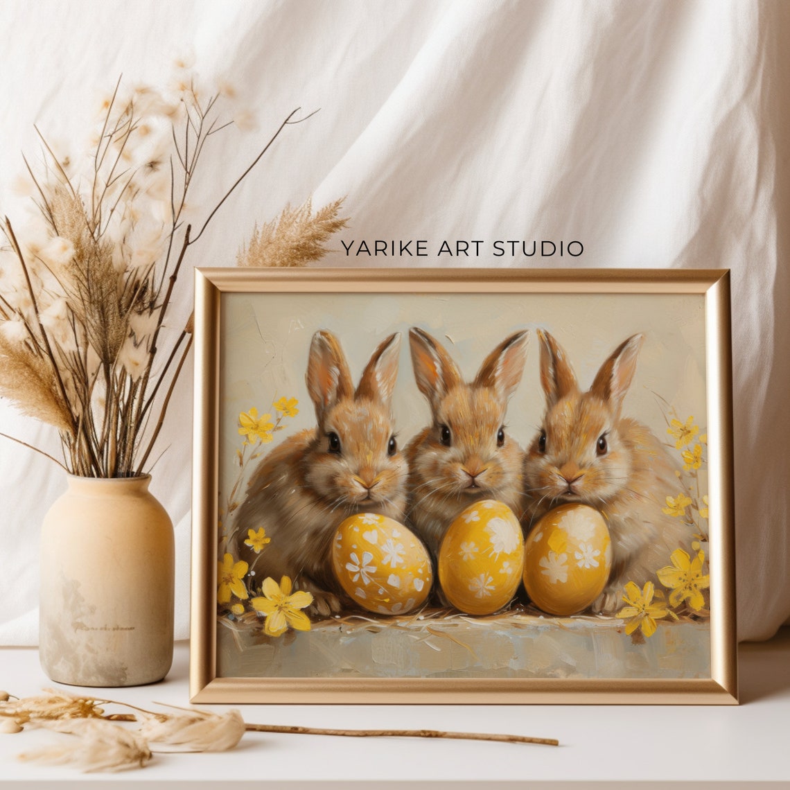 Three Bunnies with Yellow Easter Eggs Vintage Spring Art Poster - Image 3