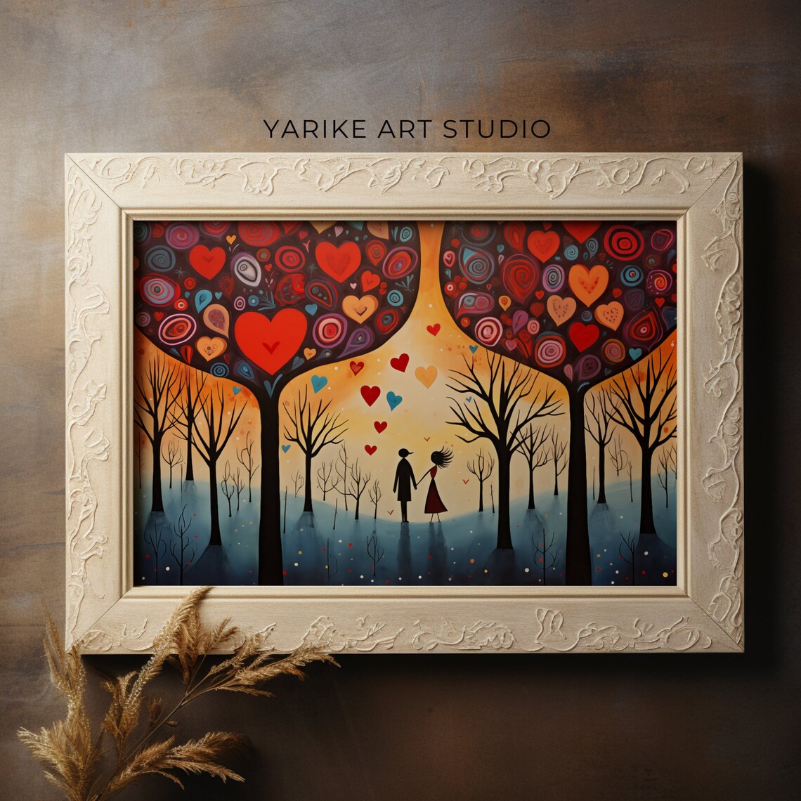 Couple Under Heart Trees In Snowy Woodland Folk Valentine Poster - Image 3