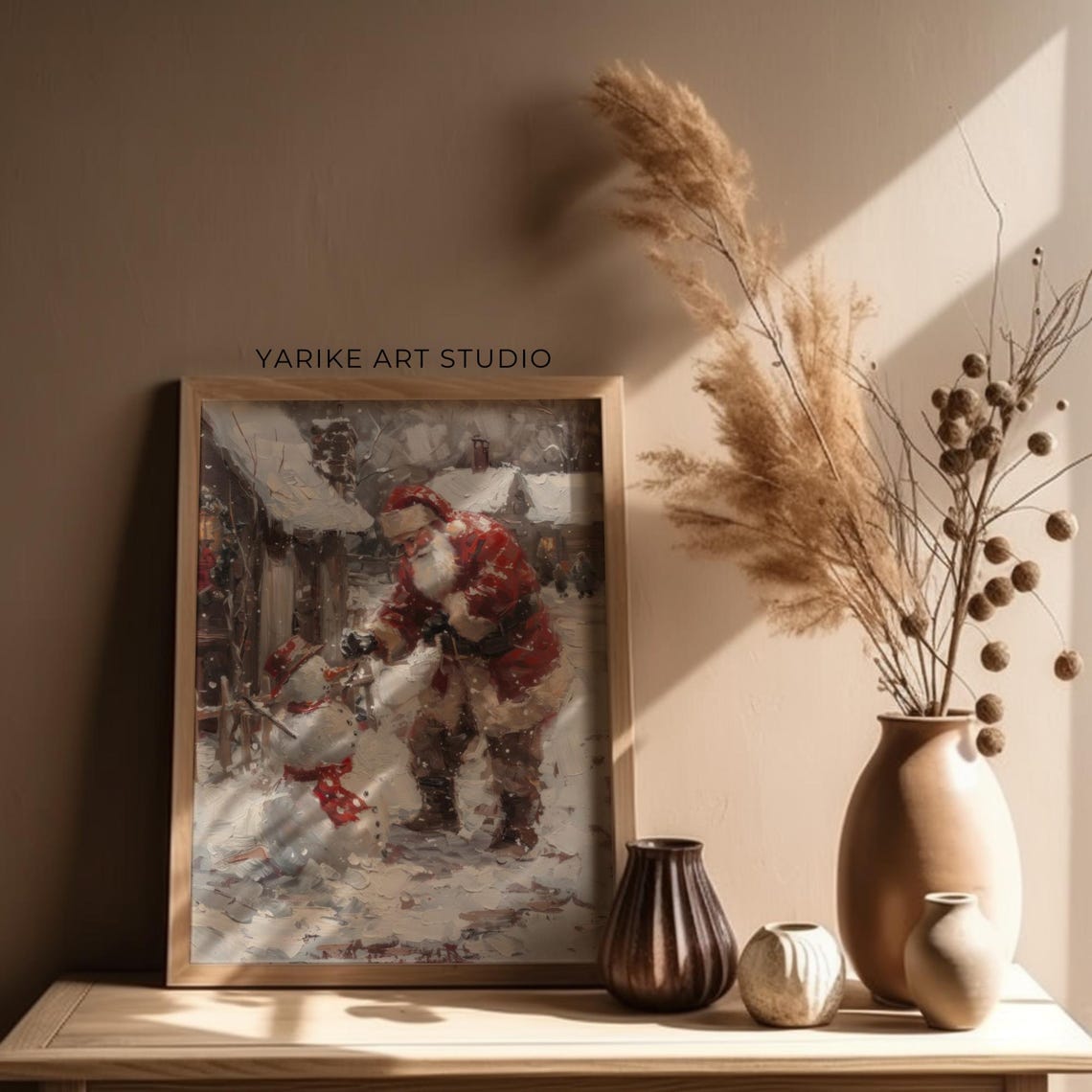 Vintage Santa Claus Building A Snowman Outside Cottage Poster - Image 3