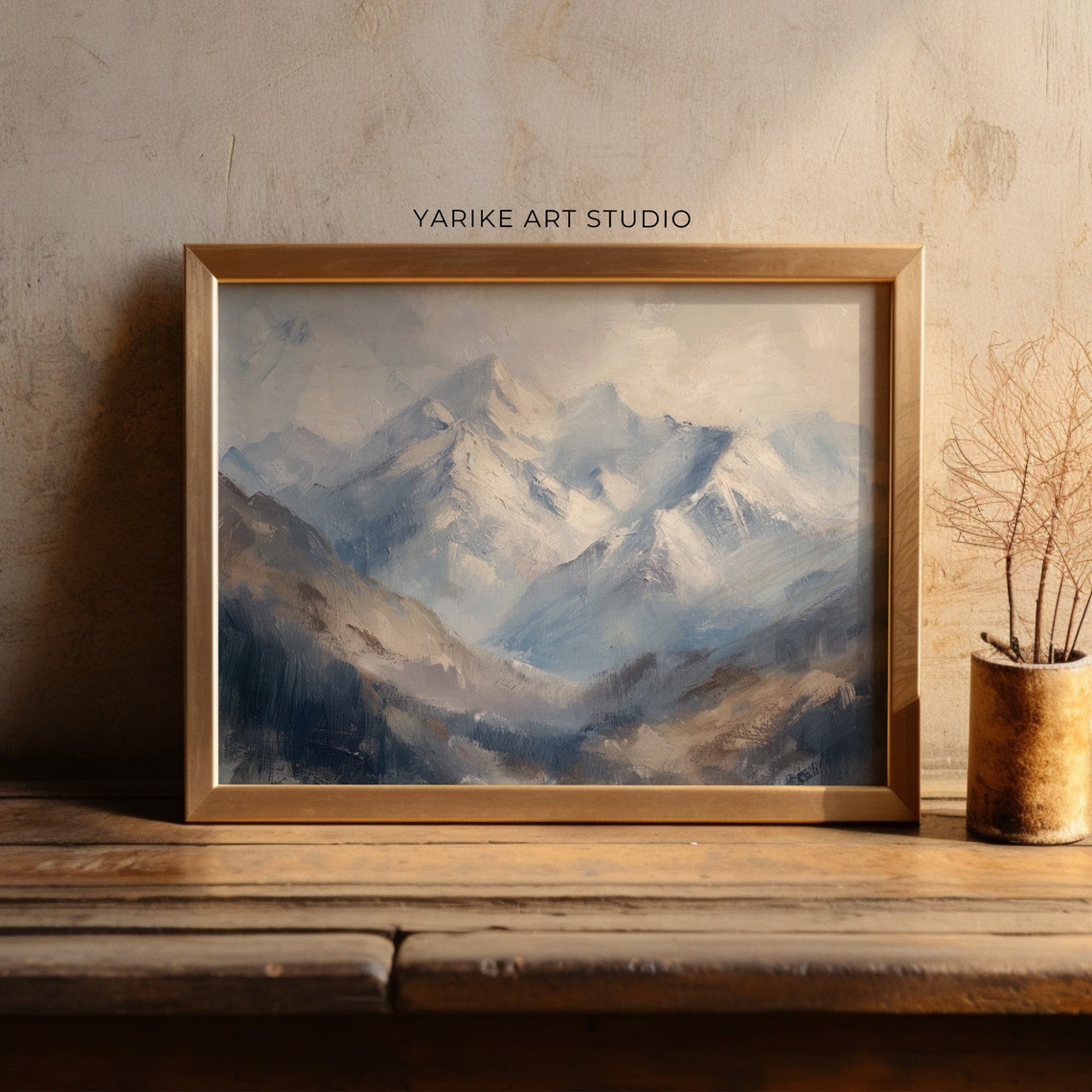 Snowy Mountain Peaks Blue Gray Alpine Summit Oil Painting Poster - Image 2