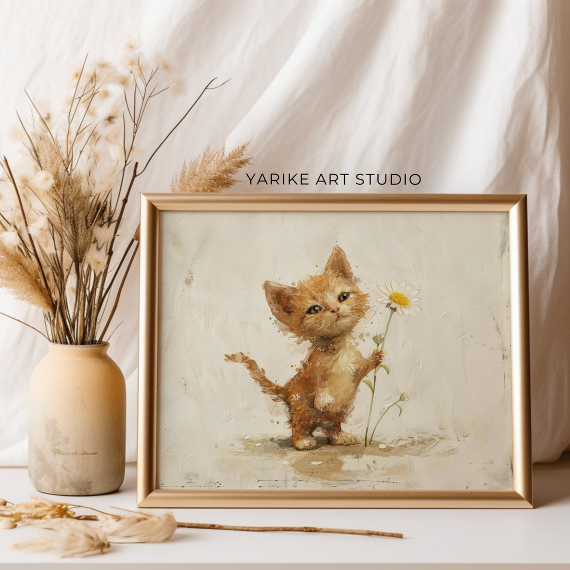 Cute Ginger Kitten Watercolor Daisy Flower Kitten Painting Poster - Image 5