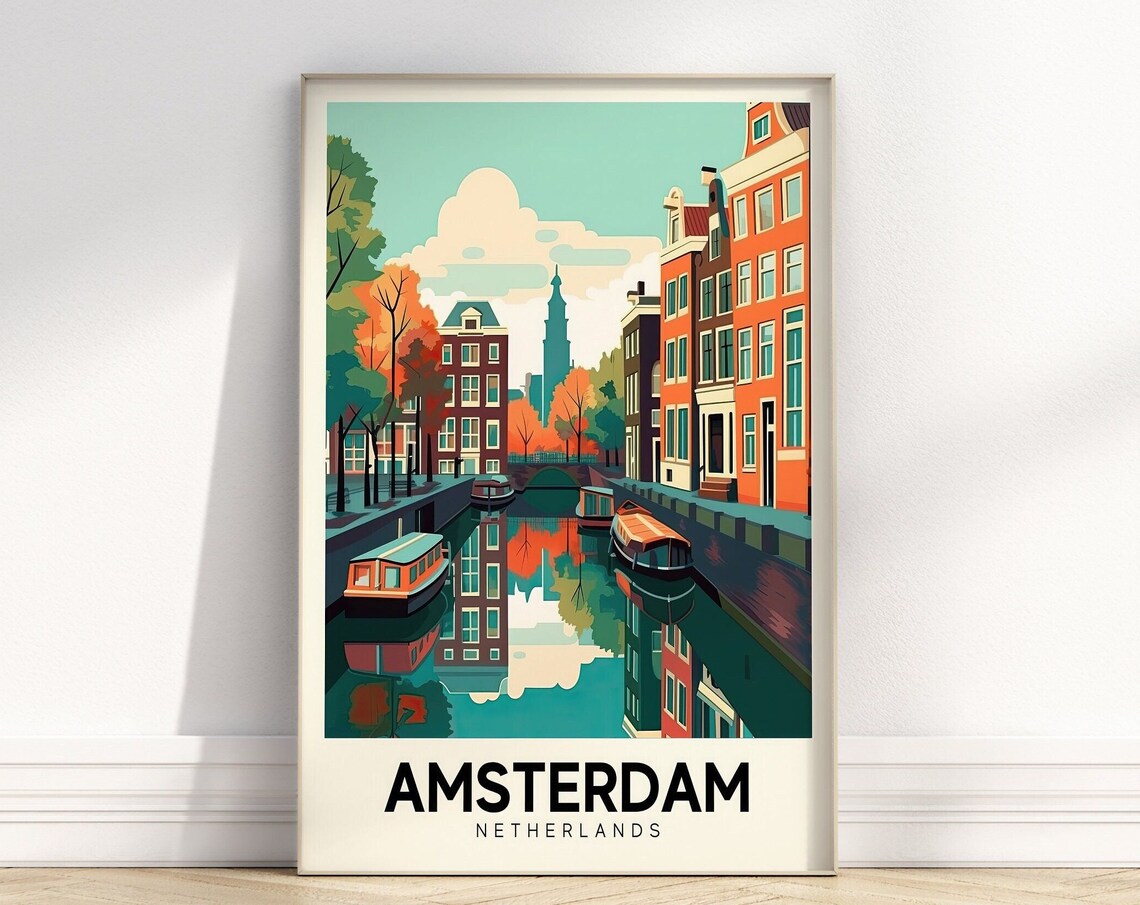 Amsterdam Netherlands Retro Canal Houses Boats Colorful Travel Poster