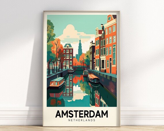 Amsterdam Netherlands Retro Canal Houses Boats Colorful Travel Poster