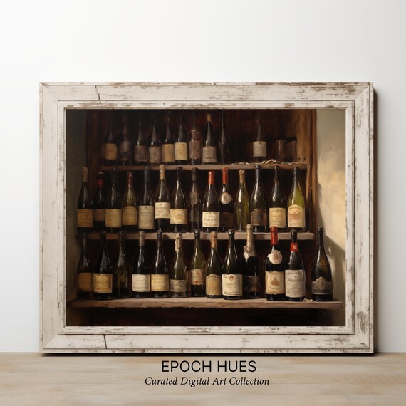 Vintage Wine Bottles Lined on Wooden Cellar Shelf Bar Art Poster