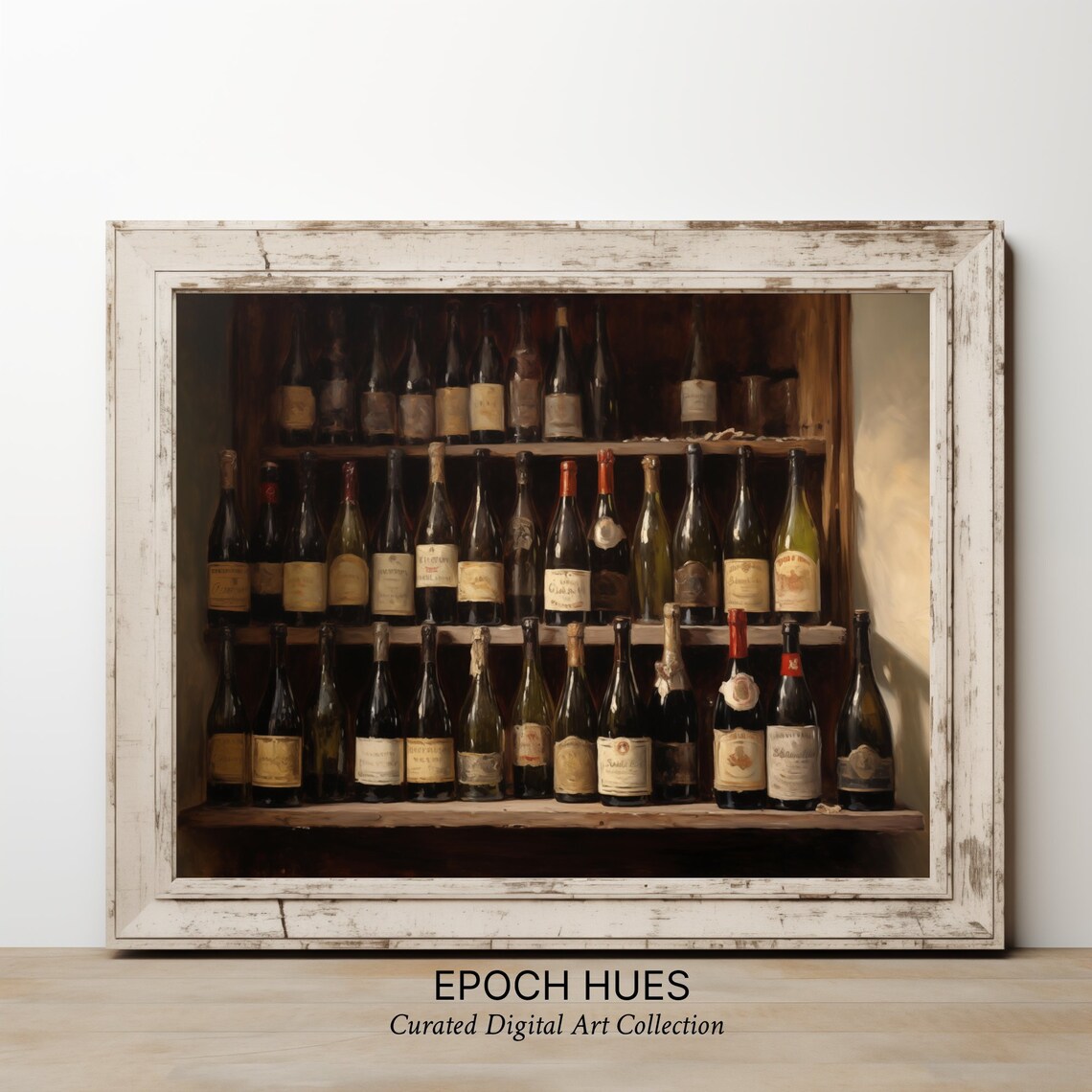 Vintage Wine Bottles Lined on Wooden Cellar Shelf Bar Art Poster