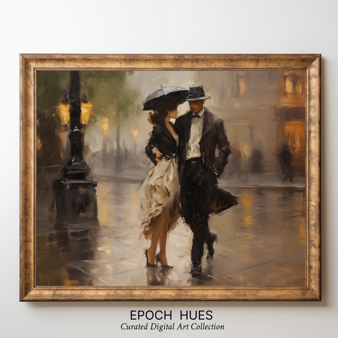 Romantic Couple Walking In Rain, Elegant Art Print