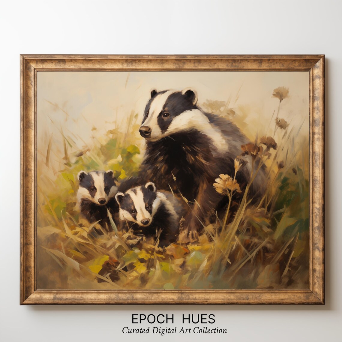 Badger Mother With Two Cubs In Tall Grass Woodland Art Poster - Image 3