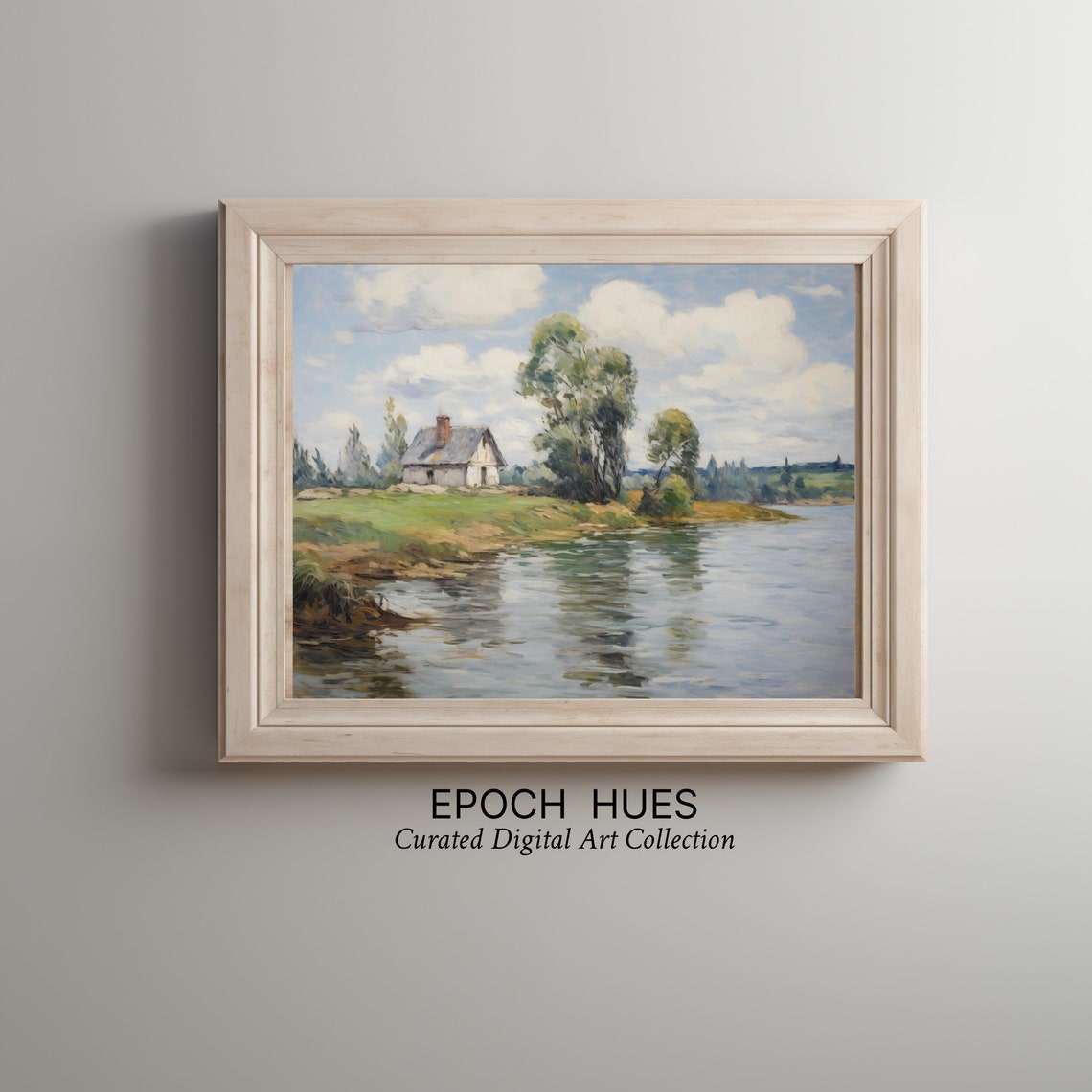 Impressionist Landscape Painting Riverside Cottage Art Wall Decor Scenic Nature - Image 3