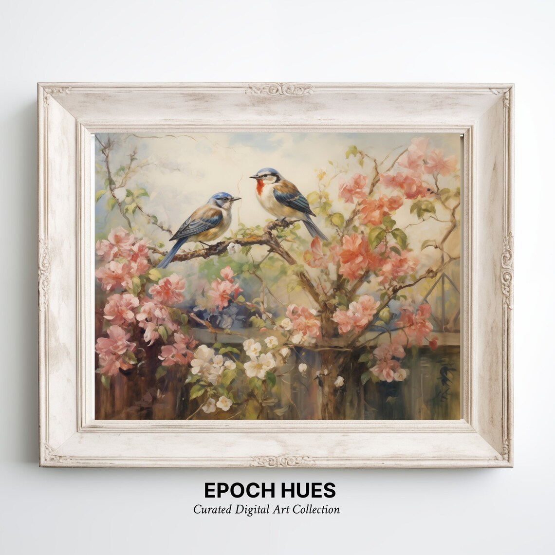 Two Bluebirds On Flowering Tree Pink Blossoms Spring Nature Painting Poster - Image 3