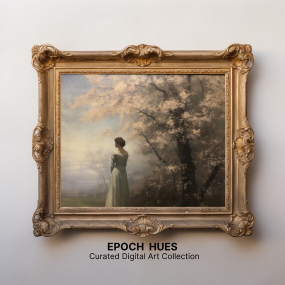 Lady In Sage Green Dress Beneath Blossoming Tree Painting Wall Art