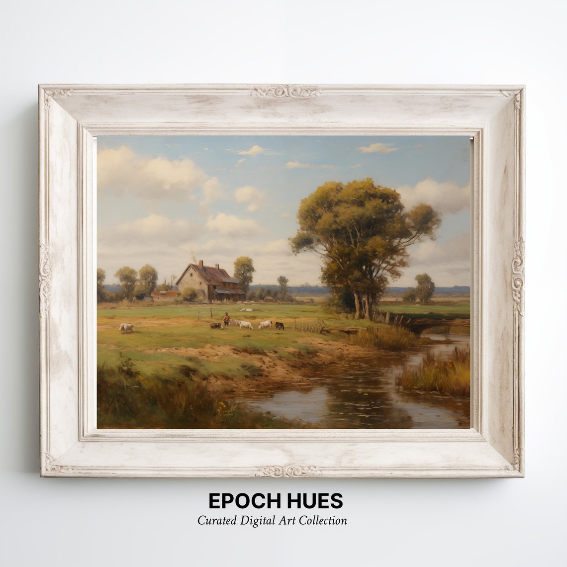 Rustic Farmhouse With Barn and Cattle Country Landscape Oil Poster