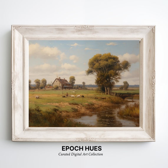 Rustic Landscape Painting Countryside Art Vintage Farmhouse Decor Instant Pastoral Scene Wall Art