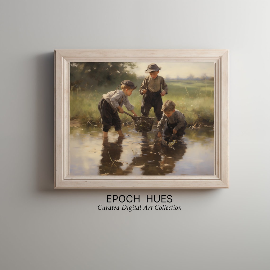 Three Boys Fishing With Net in Shallow Stream Nostalgic Art Poster - Image 2