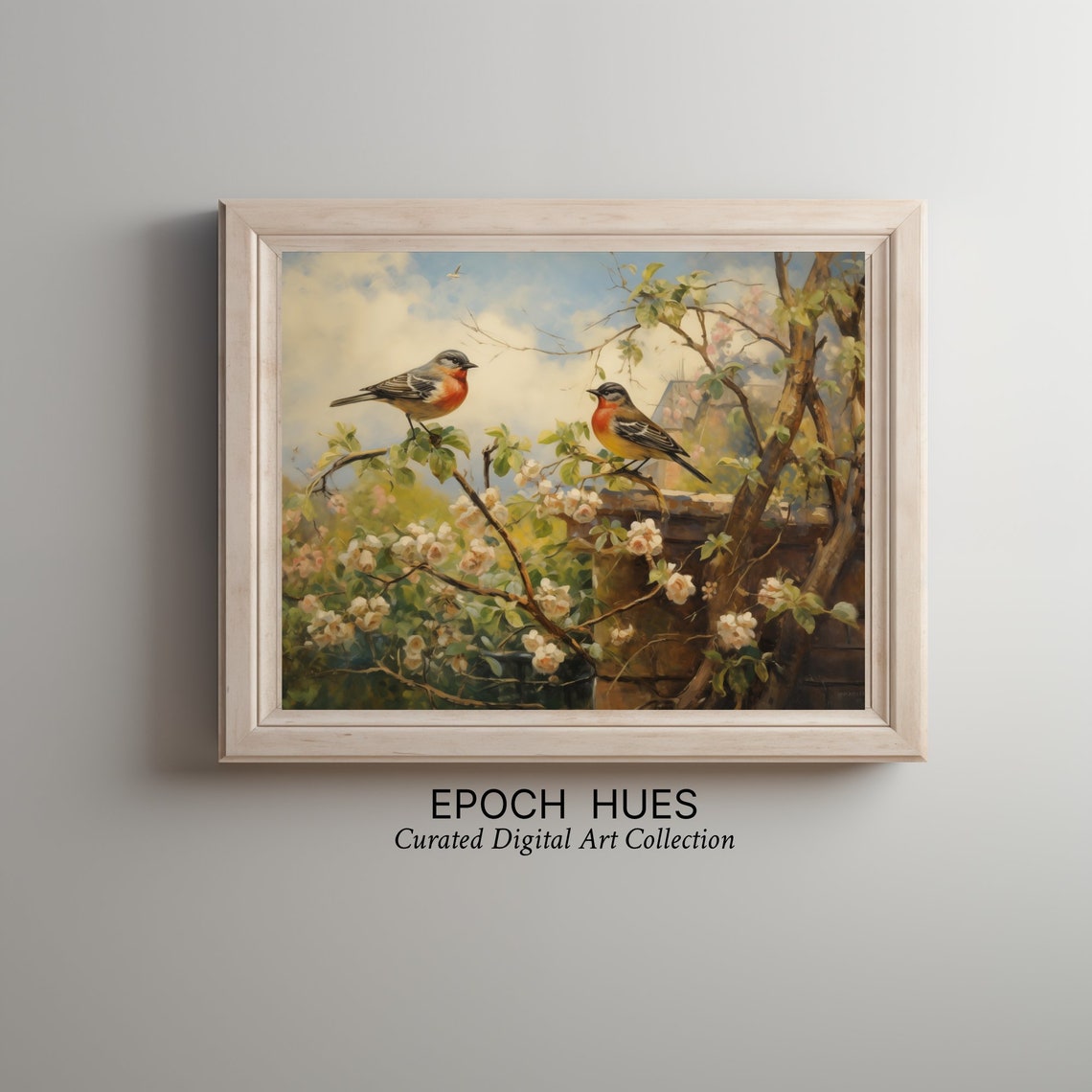 Two Songbirds Perched on Blossoming Branches Spring Art Poster