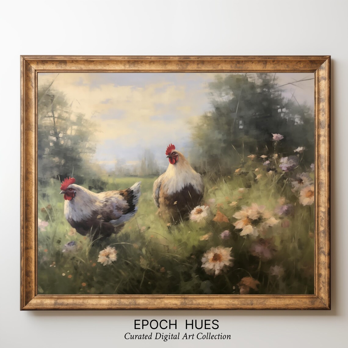 Pair of Hens in Flower Meadow Rustic Farmhouse Painting Poster - Image 3