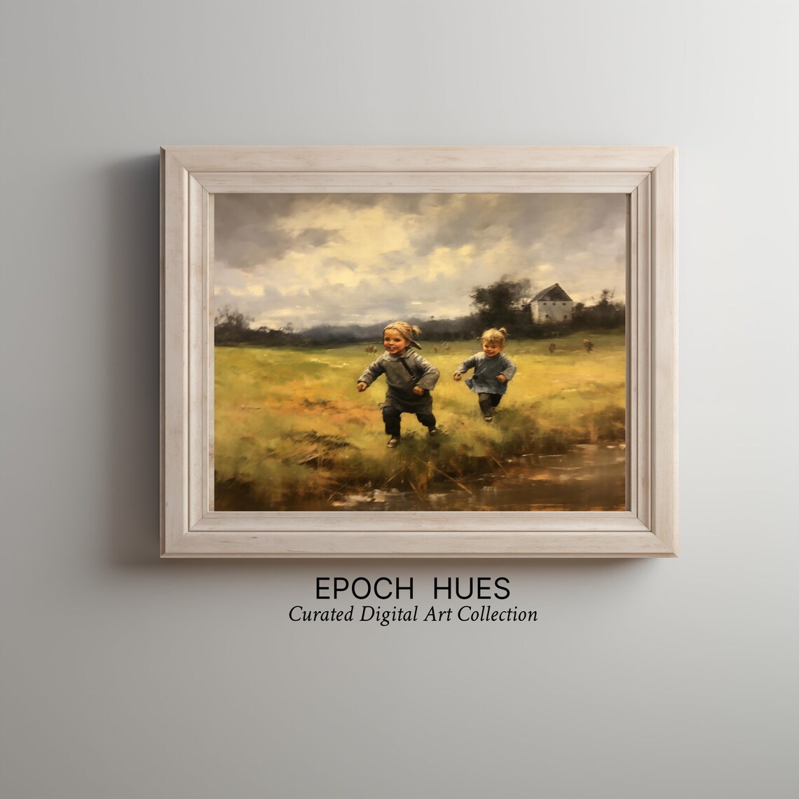 Two Children Running Meadow Farmhouse Joyful Vintage Painting Poster - Image 3