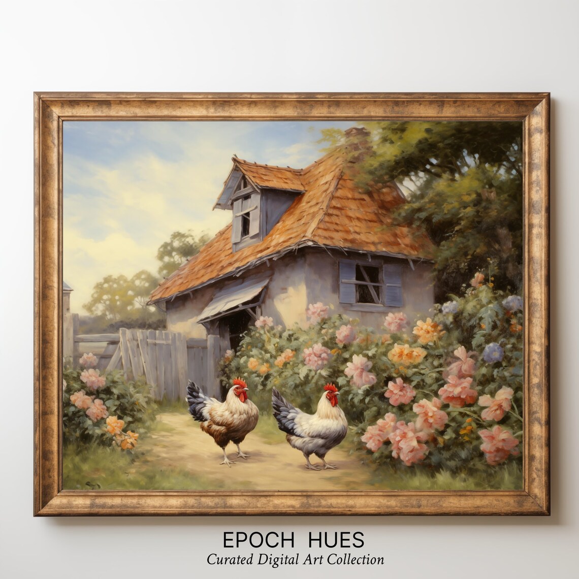 Two Roosters by Stone Cottage Flower Garden Farmhouse Poster