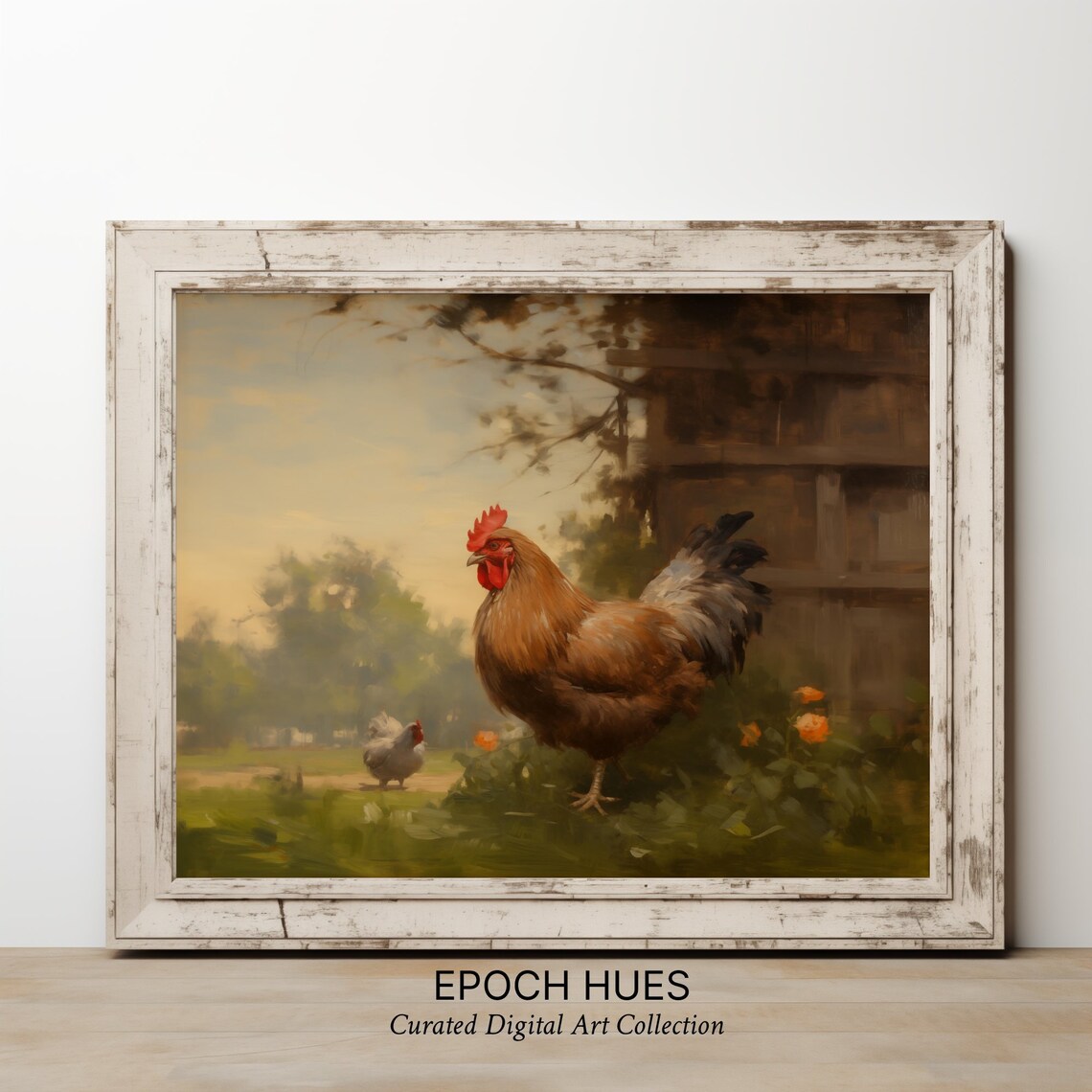 Proud Rooster With Hen in Farmyard at Sunrise Vintage Art Poster - Image 2