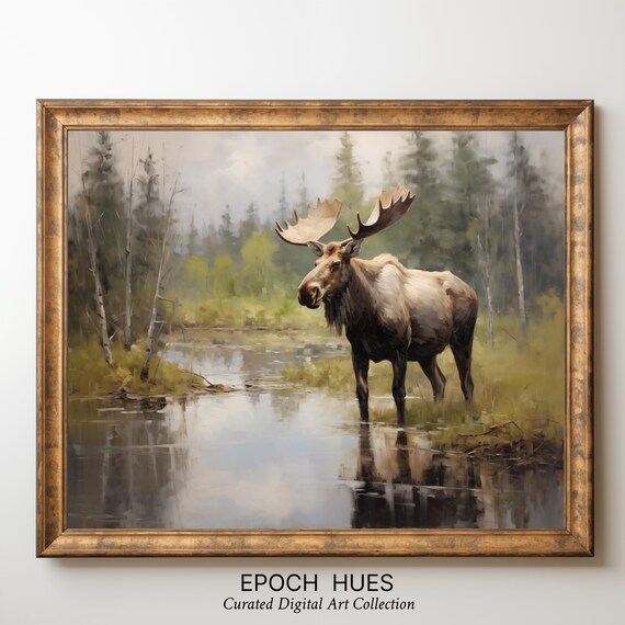Bull Moose with Antlers Wading Forest Pond Wildlife Painting Poster