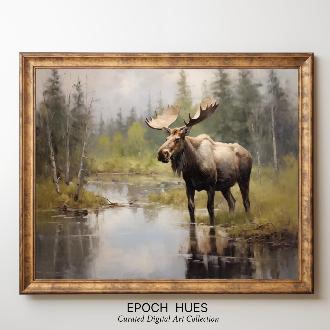 Bull Moose with Antlers Wading Forest Pond Wildlife Painting Poster