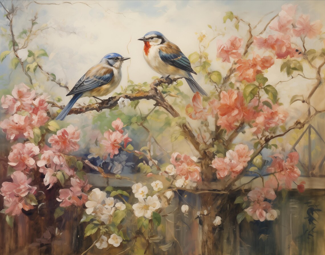 Two Bluebirds On Flowering Tree Pink Blossoms Spring Nature Painting Poster - Image 2