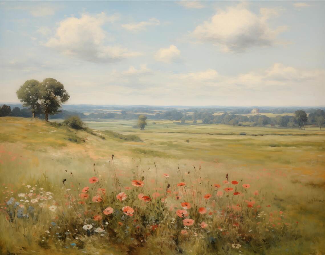Red Poppies Wildflower Field Rolling Hills Landscape Painting Wall Art - Image 2