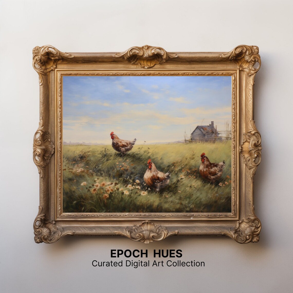 Three Chickens In A Daisy Meadow Pastoral Farm Scene Art Poster - Image 3
