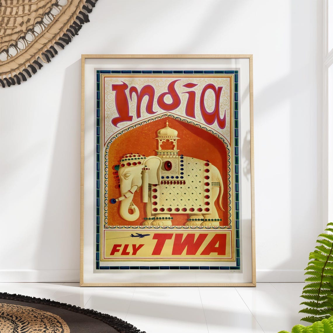 India Fly TWA Vintage Airline Decorated Elephant Travel Poster
