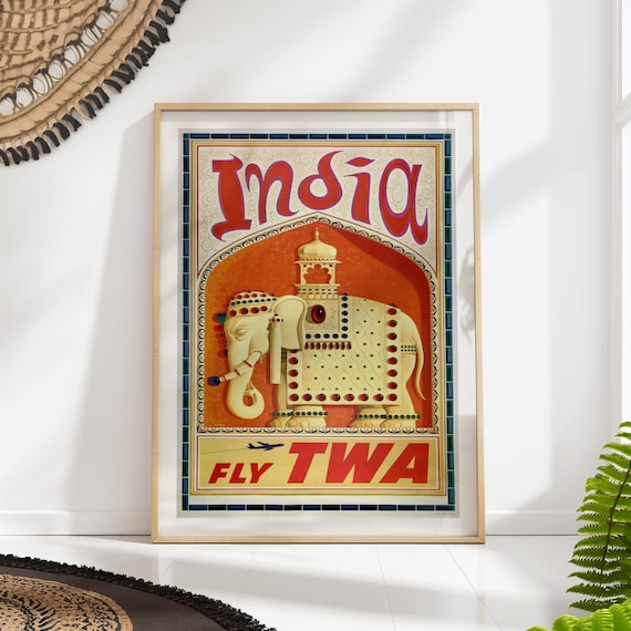 India Elephant Travel Poster Print Twa Vintage Midcentury Airline Art Colorful Retro Indian Decor