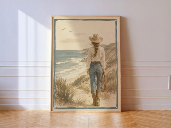 Coastal Cowgirl Overlooking Beach Cliffs Vintage Western Art Poster