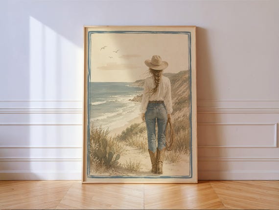 Coastal Cowgirl Print Vintage Western Beach Painting Neutral Wall Art Decor