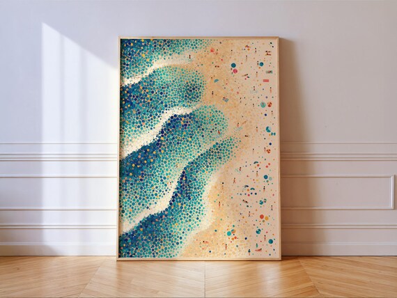 Aerial Beach Scene Turquoise Sea Pointillist Dots Coastal Wall Art