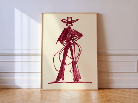 Burgundy Cowgirl Minimal Western Line Drawing Art Print