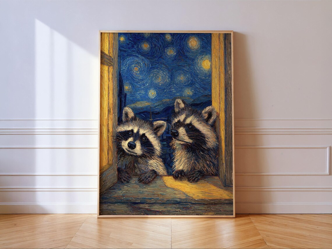 Raccoons Starry Night, Van Gogh Style Art Print