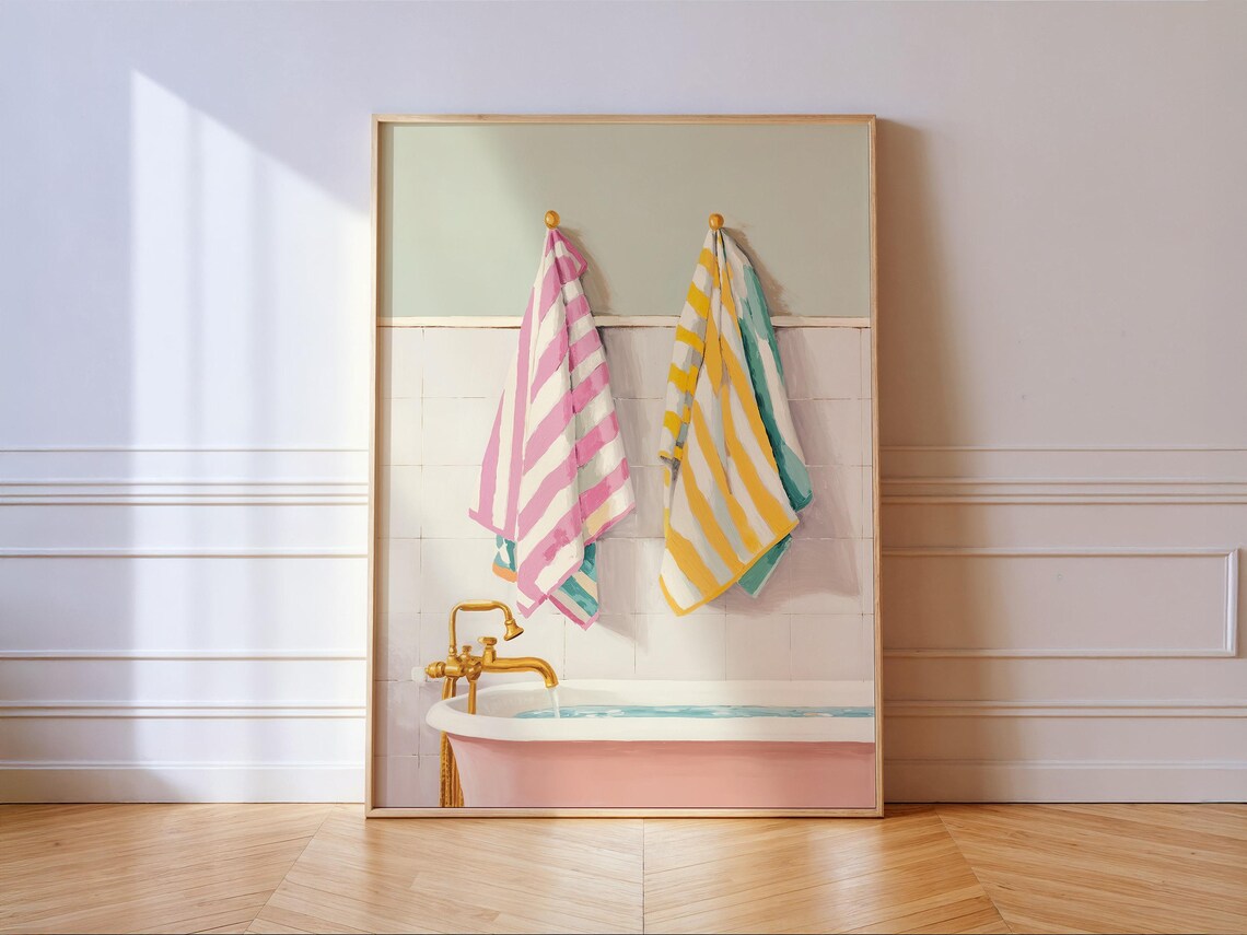 Striped Bath Towels, Preppy Coastal Bathroom Art Print