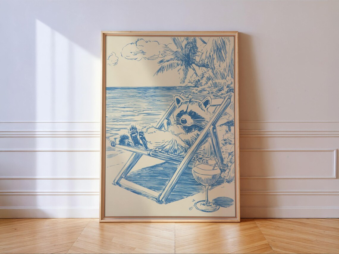 Beach Raccoon Lounging With Cocktail Blue Ink Coastal Sketch Poster