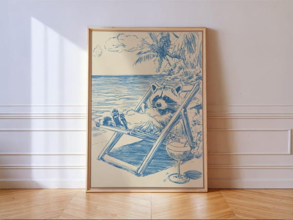 Beach Raccoon Blue Sketch Wall Art Print Minimalist Coastal Nautical House