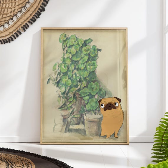 Pug With Geraniums, Cezanne Style Art Print